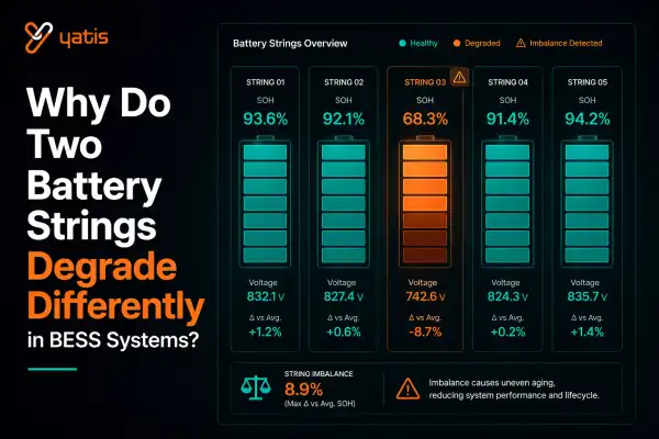 Battery storage system showing uneven degradation across strings with temperature and load differences visualized