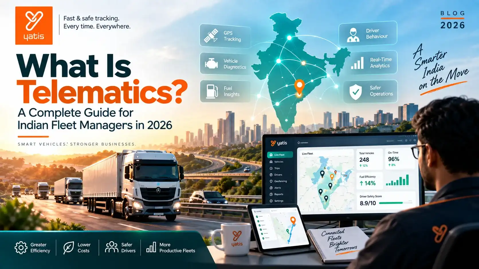 Telematics system diagram showing GPS, CAN, OBD and IoT sensors connected to a fleet platform