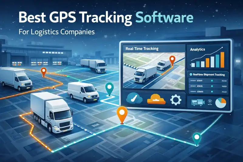 Logistics fleet with GPS tracking dashboard showing shipment visibility, route optimization, and fleet monitoring analytics