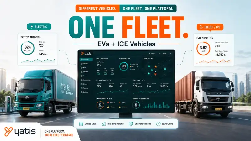 Fleet manager monitoring electric vehicles and ICE vehicles together on a unified telematics dashboard