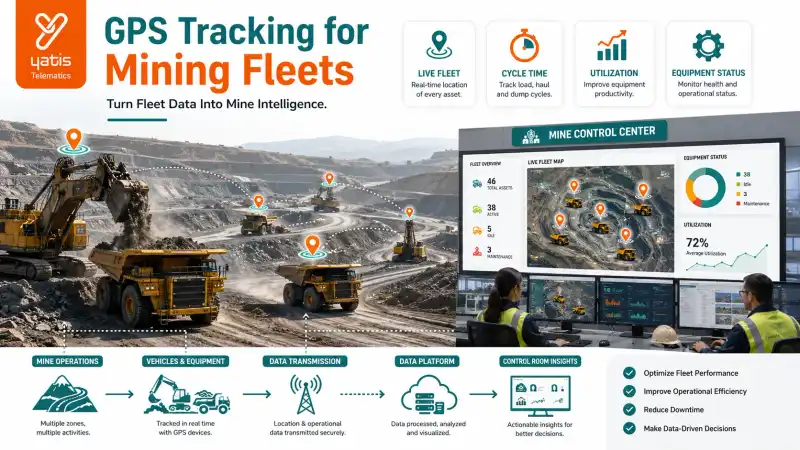 GPS tracking and fleet management system monitoring mining haul trucks and heavy equipment across an open-pit mine