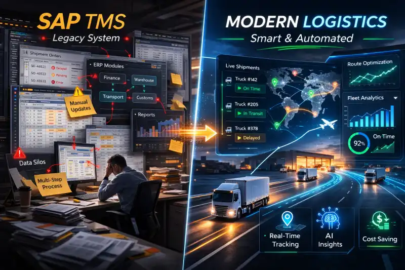 Enterprise logistics software comparison showing SAP transportation management alternative dashboard with real-time freight visibility and modern transport analytics