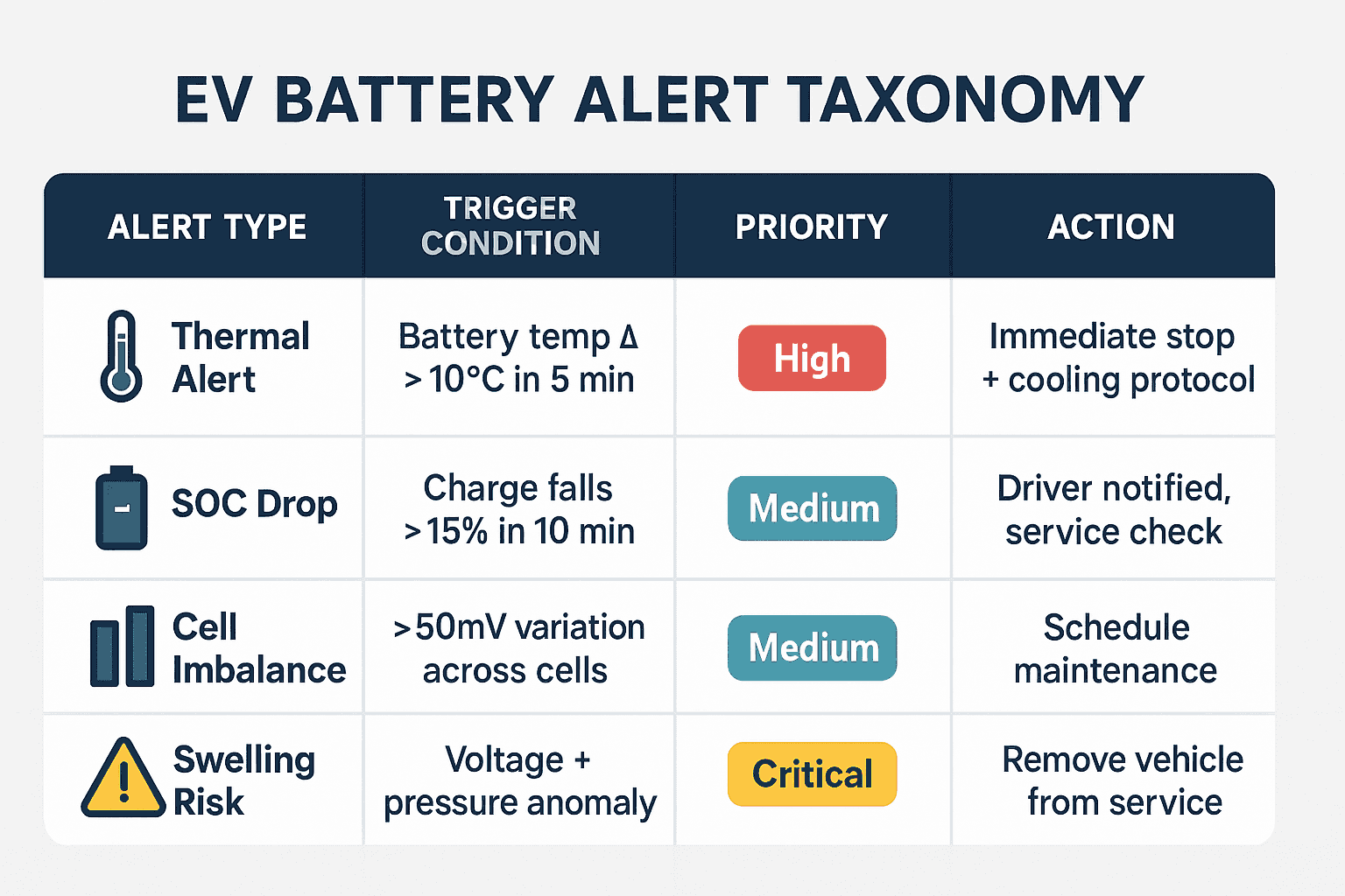 EV Battery Alert Taxonomy showing different alert types, triggers, priorities and actions