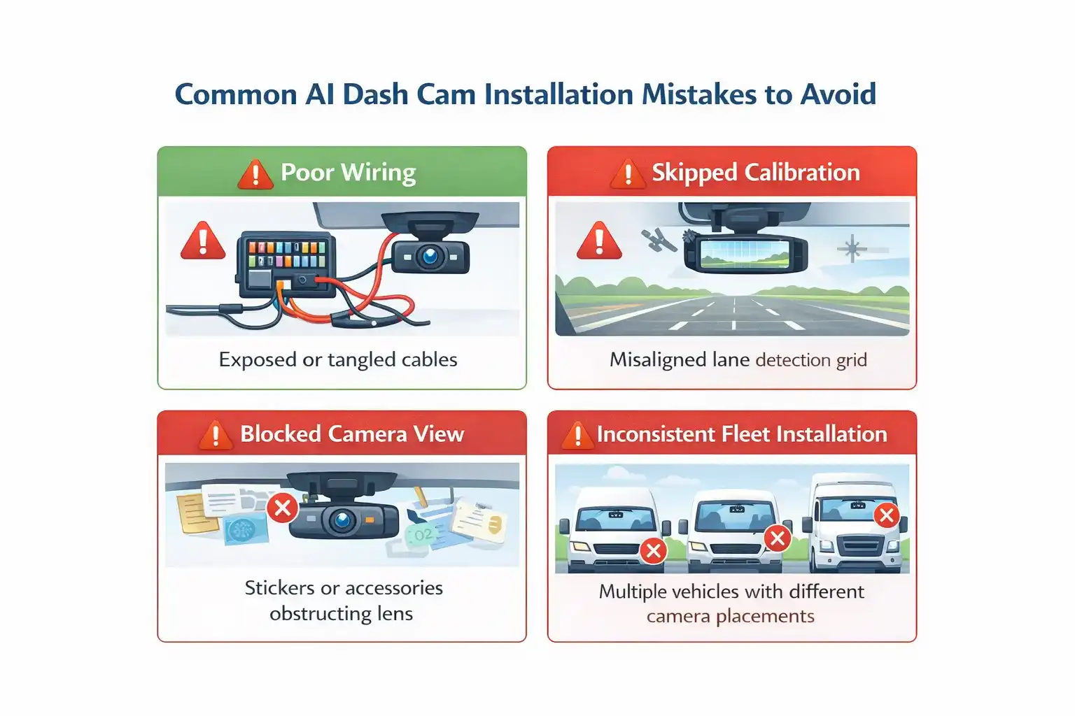 Infographic highlighting common AI dash cam installation mistakes in fleet vehicles