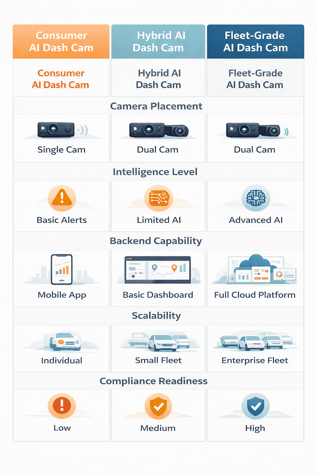 Comparison infographic showing consumer, hybrid, and fleet-grade AI dash cam options available in India