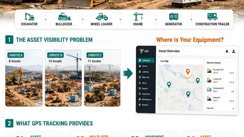 Infographic showing how construction equipment GPS tracking turns asset location data into utilization insight and better project allocation