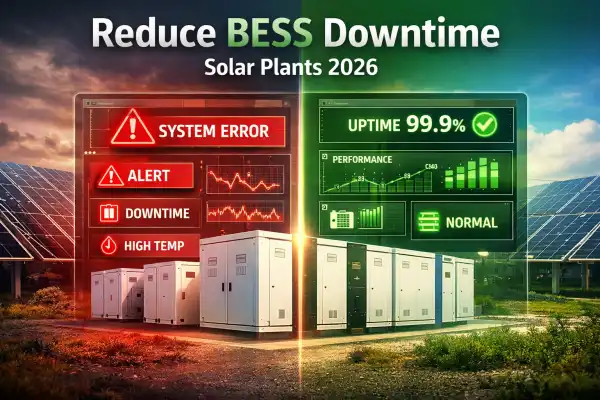 Solar plant with battery energy storage system showing downtime alerts and monitoring dashboard improving uptime performance