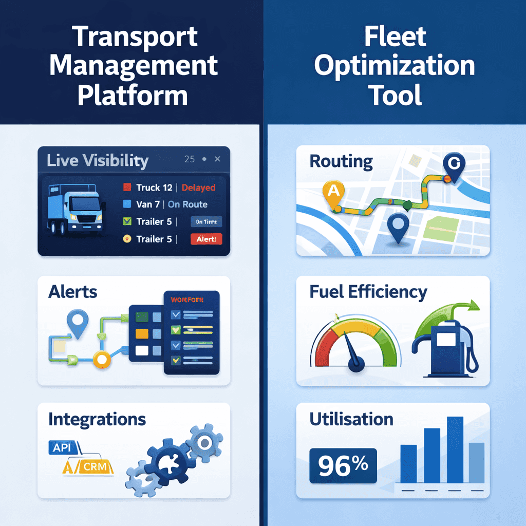 Comparison infographic showing transport management platforms versus fleet optimization tools and their core capabilities