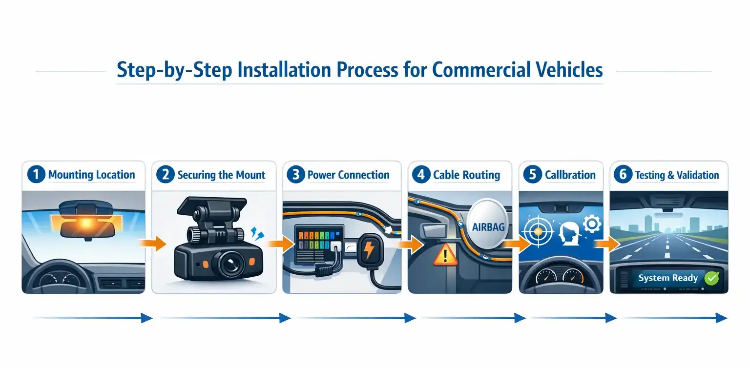 Step-by-step infographic showing how to install an AI dash cam in a commercial vehicle
