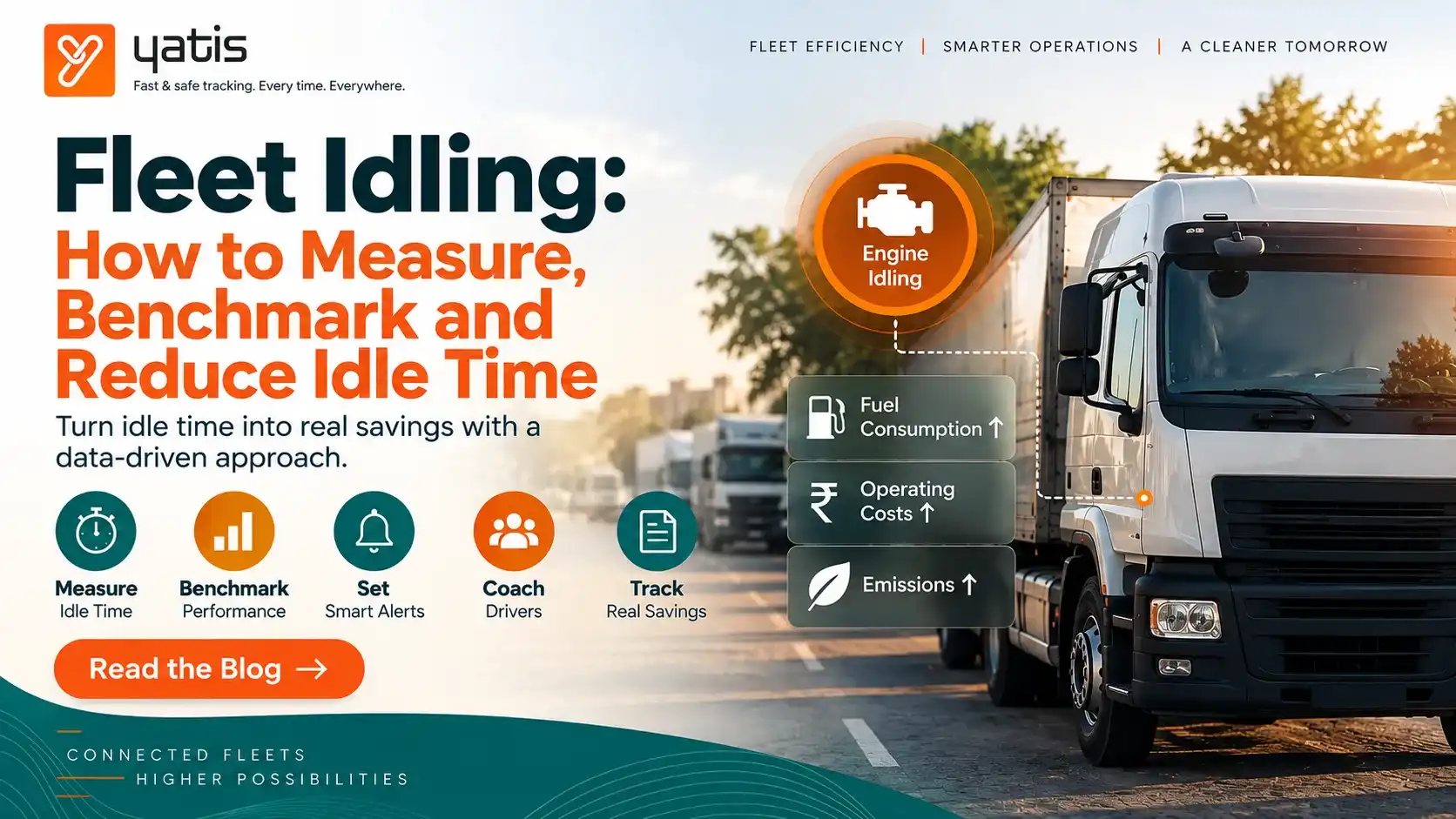 Fleet idling management illustration showing engine-on stationary time measurement and reduction workflow