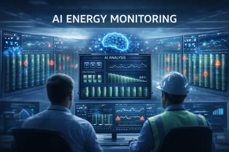 Battery control room with AI analytics dashboard showing predictive monitoring across battery racks in a BESS system