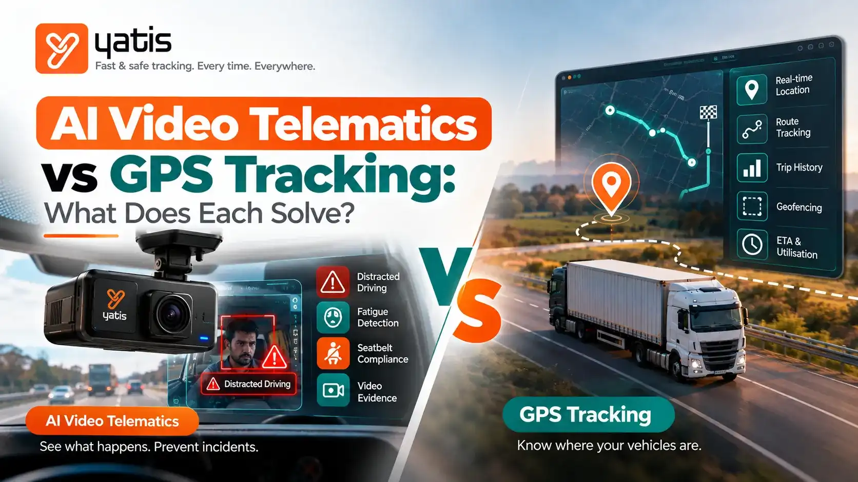 AI video telematics versus GPS tracking showing GPS location data, video AI event detection and combined fleet intelligence