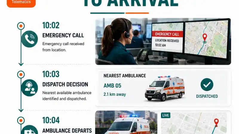 Infographic showing the emergency response data loop from call and dispatch through GPS-enabled vehicle selection, live monitoring and fleet performance analysis